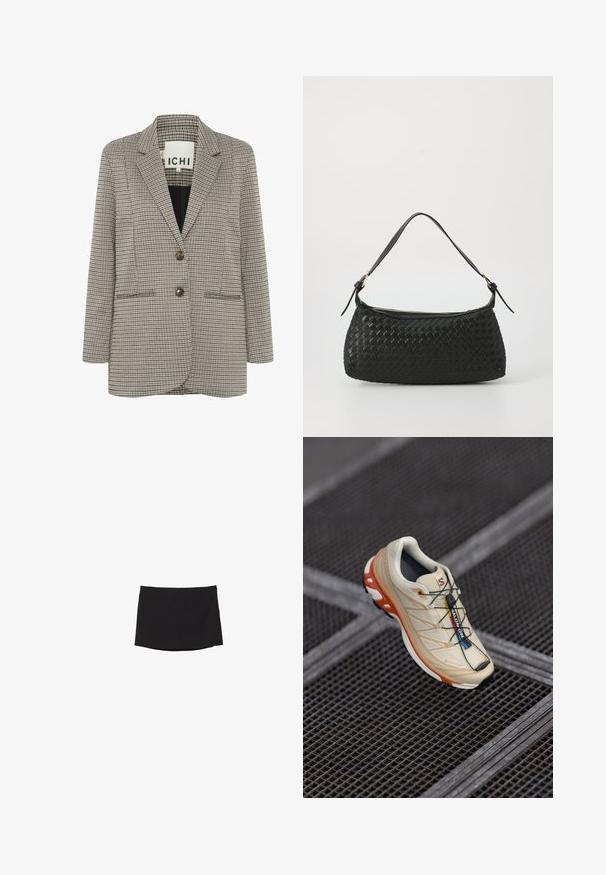 Ruudullinen bleiseri beige ja musta. Rakenne, jossa on lovetut kaulukset, kaksi etutaskua ja edessä kaksi ruskeaa nappia.; Musta pitkähihaista paita, jossa on teksturoitu, avoin neulekuvio, leveä pyöreä pääntie ja solmittava suljenta takana.; Musta minihame, joka on valmistettu sileästä, joustavasta kankaasta; siinä on suora leikkaus, huomaamaton helma ja ei näkyviä kiinnittimiä tai kuvioita.; Vaaleanbeige juoksukengät, joissa on oransseja yksityiskohtia. Suunniteltu tekstuurilla varustetulla yläosalla, mustalla pohjalla ja integroiduilla nauhoilla. Varustettu GORE-TEX -merkinnällä.; Mustan kudotun olkalaukun, jossa on sileä nahkahihna ja vetoketjukiinnitys. Mahdollistaa teksturoituneen pinnan ja kaarevan muodon.