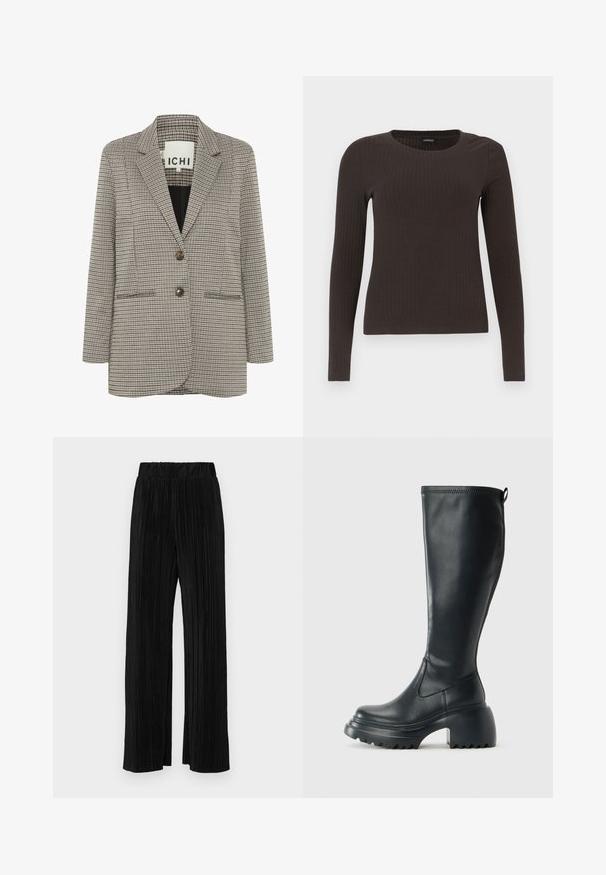 Sacou cu carouri, bej și negru. Design structurat cu rever în formă de moț, două buzunare frontale și două nasturi maro în față.; Top ribbed, de culoare maronie, cu mâneci lungi și gât rotund. Fabricat dintr-un material neted și elastic, cu un croi ajustat și detalii minime.; Pantaloni negri plisati cu talie elastică. Prezintă picioare largi și un material neted, texturat, cu dungi verticale.; Cizme lungi din piele neagră cu talpă platformă masivă și tocul pătrat, având un tab de tragere și un model texturat pe talpa exterioară.