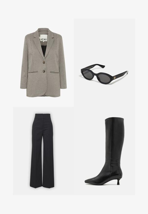 Rutigt blazer i beige och svart. Strukturerad design med slagknäppning, två framfickor och två bruna knappar på framsidan.; En enkel vit långärmad skjorta med rund hals, visad bakifrån, liggande platt på en vit bakgrund.; Vida byxor i svart tyg med hög midja, med en ren finish och mjuk textur. Ingen synlig hårdvara eller mönster.; Zign Stövel - black; Svarta ovala solglasögon med mörka linser och blank plastbåge. Utrustade med en gyllene logotyp på bågen, vilket ger en snygg och modern design.