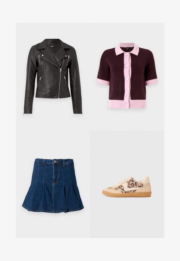 Black leather motorcycle jacket with a fitted design, asymmetrical front zipper, and three zippered pockets. Features shoulder epaulets.; Short-sleeved cardigan in dark brown knit material, featuring a light pink collar and button placket, with contrasting pink hem and cuffs.; Black short-sleeve top with a round neckline, featuring a cut-out detail and tie closure at the front. Made of soft, lightweight fabric.; Denim skirt in dark blue, featuring a pleated design, five pockets, a front button closure, and contrasting stitching details.; Leopard print sneakers with beige suede upper, tan rubber sole, and white accents. Round toe and lace-up design with a textured finish.