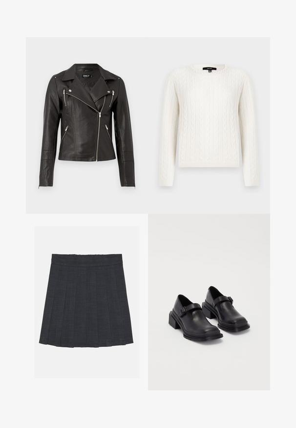 Fekete bőr motorosdzseki, testhez álló tervvel, aszimmetrikus elülső cipzárral és három cipzáras zsebbel. Vállapplikációkkal rendelkezik.; Fehér, kötött pulóver, hosszú ujjal, kerek dekoltázzsal és dekoratív gyöngyös díszítéssel a galléron. Puha tapintású és testhezálló fazon.; Sötétszürke pliszírozott szoknya rugalmas derékkal, texturált anyagból, klasszikus A-vonalú sziluettel. Alkalmas mindennapi viseletre.; Fekete bőr cipők lekerekített orral, lapos talppal és csattal díszített pánttal. Masszív blokk talp a megnövelt stabilitásért.