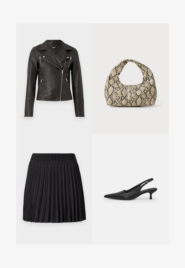 Sort lædermotorcykeljakke med en tætsiddende design, asymmetrisk frontlynlås og tre lynlåslommer. Har skulderepauleter.; Sort bluse med lange gennemsigtige ærmer, struktureret bladmønster, rund halsudskæring og en lille nøglehulsknap bagpå.; Sort plisseret nederdel med en glat tekstur, der har en ensfarvet sort talje og en præget logo-detalje foran.; Sort læder slingback-sko med spids tå og en slank, buet hæl. Har en diskret justerbar rem med en metalspænde.; Slangeprint håndtaske med et buet håndtag. Lavet af strukturerede, beige og brune materialer, med et karakteristisk diamantmønster.