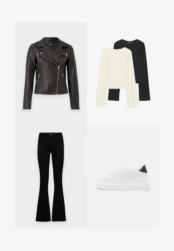 Giacca da moto in pelle nera con un design aderente, zip frontale asimmetrica e tre tasche con zip. Presenta spalline sulle spalle.; Set di due maglie a maniche lunghe, bianche e nere. Texture a coste, scollo tondo, design aderente con maniche leggermente svasate.; Jeans neri a vita alta con chiusura a bottoni e zip, tasche frontali e gambali svasati, distesi su uno sfondo bianco.; Sneakers platform bianchi realizzati in materiale sintetico liscio, con punta arrotondata, design con lacci e suola in gomma texture. Accento nero nel tallone.