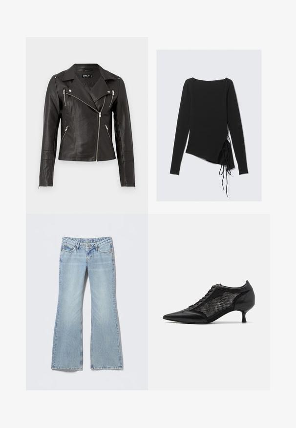 Veste de moto en cuir noir avec un design ajusté, fermeture éclair frontale asymétrique et trois poches zippées. Équipée d'épaulettes.; Haut noir à manches longues avec un décolleté bateau, design asymétrique et liens latéraux pour un ajustement réglable. Tissu doux et extensible avec une texture lisse.; Jean évasé bleu clair avec une finition délavée, design à cinq poches et surpiqûres contrastées. Denim en coton avec une texture lisse.; Chaussure noire à bout pointu avec un design en panneau en maille, présentant un petit talon et un laçage à l'avant. Fabriquée à partir d'une combinaison de cuir et de matériau en maille.