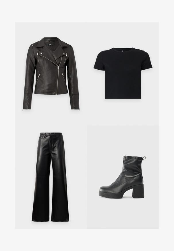 Fekete bőr motorosdzseki, testhez álló tervvel, aszimmetrikus elülső cipzárral és három cipzáras zsebbel. Vállapplikációkkal rendelkezik.; Fekete, rövid ujjú póló, puha pamutból készült. Kerek nyakkivágással és testhezálló kialakítással rendelkezik. Sima textúra, minta vagy díszítések nélkül.; Fekete, magas derekú, széles lábú, műbőr nadrág elülső gombbal, cipzárral, övbújtatókkal és oldalsó zsebekkel, fehér háttérrel.; Fekete bokacsizmák sima bőrből, oldalsó cipzárral, vastag, texturált sarkú és lekerekített orrú dizájnnal.