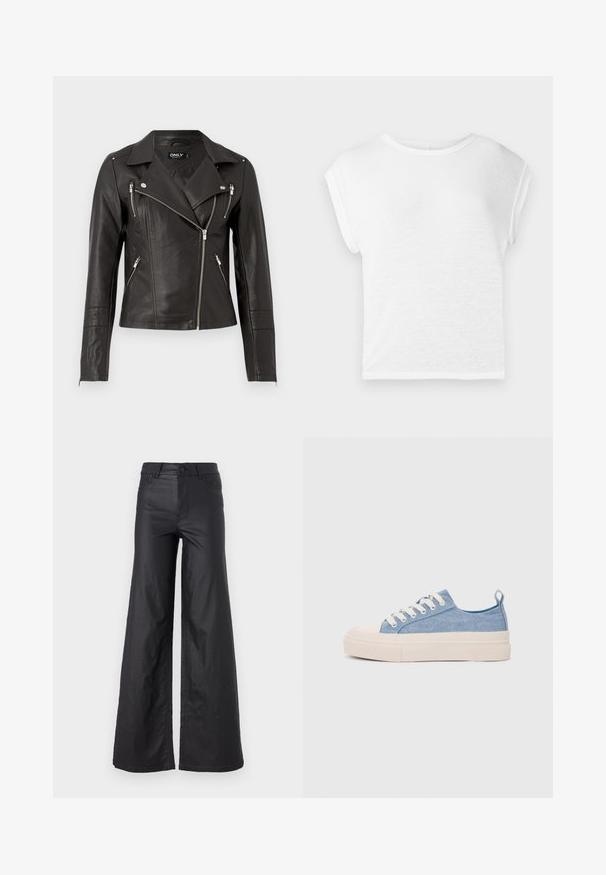 Veste de moto en cuir noir avec un design ajusté, fermeture éclair frontale asymétrique et trois poches zippées. Équipée d'épaulettes.; T-shirt blanc à manches courtes avec un décolleté rond. Tissu doux et léger, coupe décontractée, avec des manches courtes et un ourlet droit.; Pantalons larges noirs en simili cuir. Dotés d'une taille haute, de passants de ceinture, de deux poches avant et de détails cousus.; Baskets en toile bleu clair avec une coque en caoutchouc crème et une semelle extérieure, dotées de lacets blancs et d'une languette au talon.