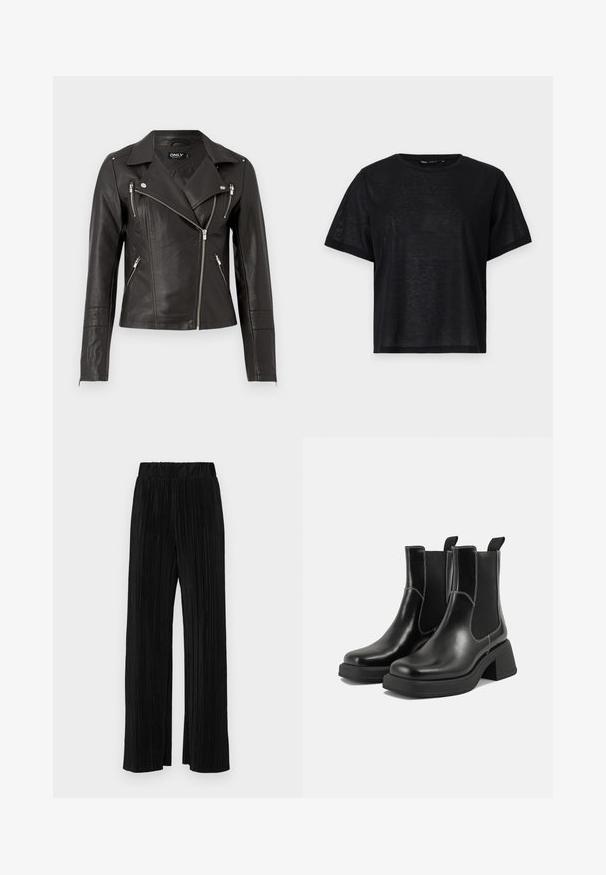 Zwarte leren motorjack met een strakke pasvorm, asymmetrische rits aan de voorkant en drie ritszakken. Voorzien van schouderepauletten.; Zwart t-shirt met korte mouwen en een relaxte pasvorm, voorzien van een gladde textuur en een ronde hals. Lichtgewicht stof met een subtiele glans.; Zwarte geplooide broek met een elastische tailleband. Beschikt over wijde pijpen en een glad, gestructureerd stof met verticale strepen.; Zwarte leren Chelsea-boots met een chunky hak, elastische zijpanelen en contrasterende witte stiksels. Gestructureerde afwerking.