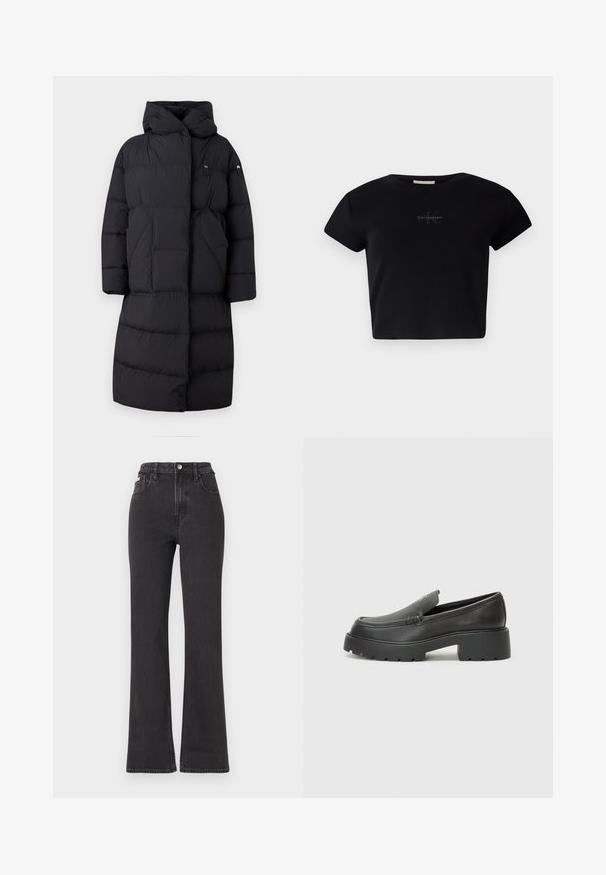 Blauer RUTH - Down coat - nero; Black ribbed short-sleeve crop top made of soft material, featuring a subtle Calvin Klein logo in the center. Simple, classic design.; Black high-waisted flared jeans made of denim, featuring a button closure, belt loops, and side pockets. Smooth texture with minimal fading.; Black leather loafers with a rounded toe, thick textured sole, and minimal stitching details. Sleek design with no visible laces or hardware.