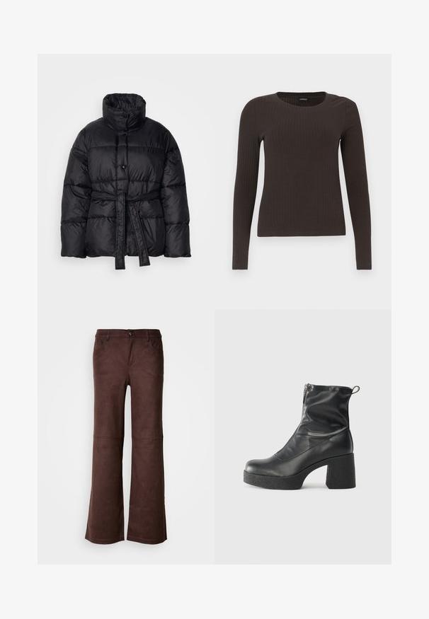 Čierna prešívaná bunda s vysokým golierom, opaskom v páse a gombíkovým zapínaním. Vyrobená z lesklého materiálu s prešívaným dizajnom a mäkkou textúrou.; Hnedý, dlhý rukáv, rebrovaný top s okrúhlym výstrihom. Vyrobený z hladkého, elastického materiálu, s priliehavým strihom a minimálnym zdobením.; Hnedé rozšírené nohavice z mäkkého, semišovému podobného materiálu. Obsahujú štyri vrecká, zapínanie na gombík a hladký, textúrovaný povrch.; Čierne členkové topánky z hladkej kože, so bočným zipsom, robustnou textúrovanou pätnou časťou a zaobleným dizajnom špičky.