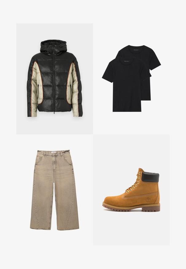 Padded jacket v černé a krémové barvě, s kapucí, bočními kapsami a kontrastním oranžovým šitím. Hladká textura s prošívaným vzorem.; Dvě černé bavlněné tričko s krátkým rukávem, kulatým výstřihem a hladkou texturou, vystavené naskládané k sobě.; PULL&BEAR MEGA BAGGY - Baggy džíny - light grey; Hnědé semišové kotníkové boty s černým polstrovaným límcem, zlatými kovovými očky, bílým prošíváním a odolnou gumovou podrážkou s výraznými drážkami.