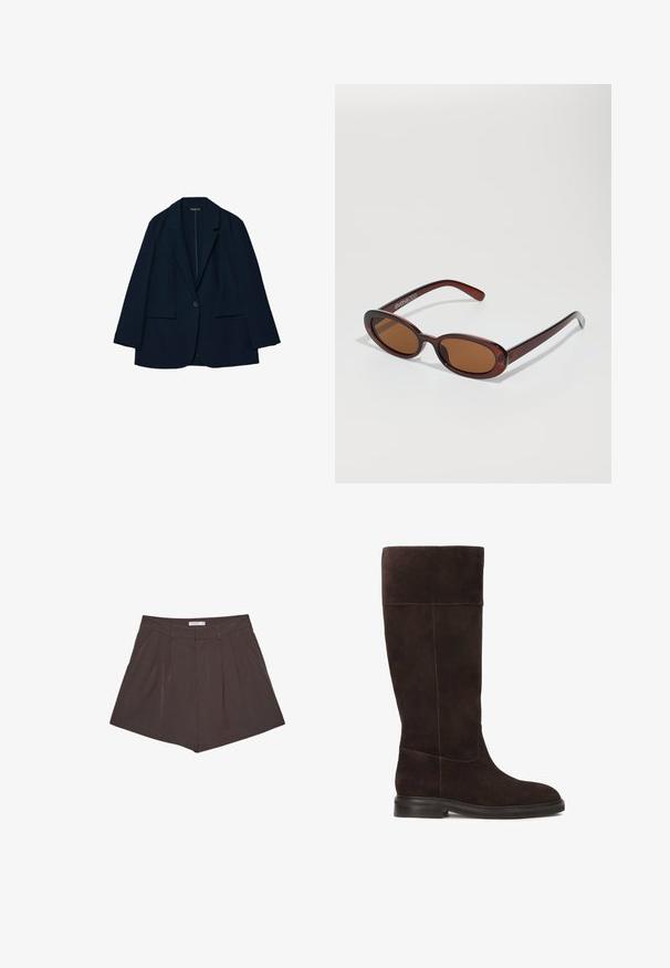 Blazer bleu marine en tissu lisse, avec un design ajusté, un col à revers, une fermeture à un bouton et deux poches avant.; Chemise blanche à manches longues avec col, fermeture à boutons, deux poches poitrine, ourlet droit et manches légèrement évasées, fabriquée en tissu lisse.; Shorts plissés marron avec des rayures verticales, présentant une taille plate et une silhouette ajustée. Longueur courte avec des coutures nettes.; Botte en daim marron hauteur genou avec une semelle plate, texture douce et un détail de couture contrastante le long des coutures. Design de panneau latéral pour un ajustement optimal.; Lunettes de soleil rondes teinte brun avec une monture bordeaux brillante. Branches fines avec un détail de marque subtil. Design de verres plats.