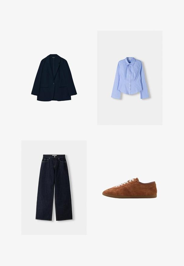 Marineblå blazer lavet af glat stof, med en skræddersyet design, klapkrave, enkelt knaplukning og to forlommer.; Blå og hvidstribet langærmet skjorte med knaplukning, spredt krave, skræddersyet pasform og buet nederste kant. Tekstureret bomuldsstof.; Mørkeblå denim wide-leg jeans med høj talje, fem lommer, kontraststing og sølvfarvet metalbeslag. Glat overflade og pæn finish.; Brune ruskinds sneakers med hvide snørebånd, rund tå og strukturerede detaljer. Har en lav profil og gummisål med en glat finish.