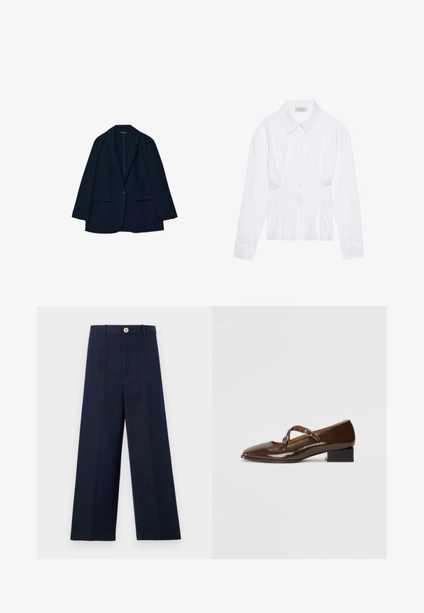 Námořnický modrý blejzr vyrobený z hladké tkaniny, s upraveným střihem, s klopovým límcem, zapínáním na jeden knoflík a dvěma předními kapsami.; Bílá halenka s dlouhými rukávy a klasickým límečkem, zapínání na knoflíky vpředu a naříznutím po stranách. Hladká tkanina s tvarovaným střihem.; Námořnické široké kalhoty se střihem do rovna, lehkým materiálem, zlatým knoflíkem v pase a ostrými předními záhyby pro strukturu.; Hnědé lakované kožené Mary Jane boty se čtveratou špičkou, dvěma nastavitelnými popruhy zdobenými kulatými kovovými přezkami a nízkým blokovým podpatkem.