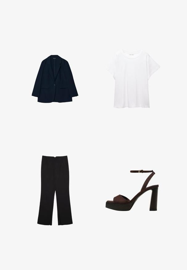 Navy blue blazer made of smooth fabric, featuring a tailored design, lapel collar, single button closure, and two front pockets.; White T-shirt made of soft, lightweight fabric. Features a round neckline and short, wide sleeves with a relaxed fit. No visible patterns.; Black trousers with a straight fit, featuring front pockets and side slits at the hem. Made of soft, smooth fabric. Suitable for various occasions.; Brown suede high-heeled sandal with an open toe, adjustable ankle strap, and a striped platform sole.