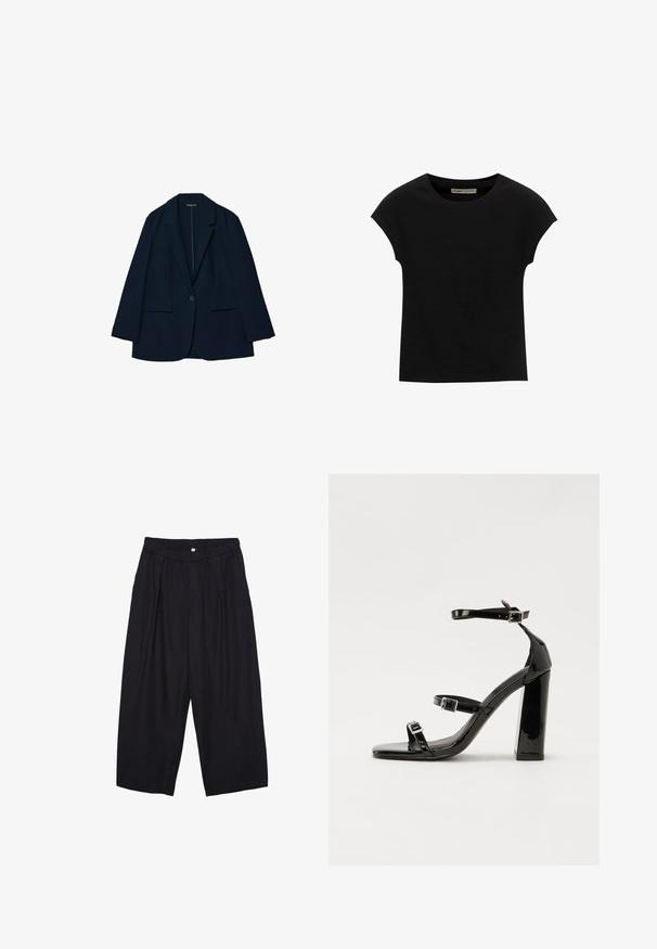 Marineblå blazer lavet af glat stof, med en skræddersyet design, klapkrave, enkelt knaplukning og to forlommer.; Sort t-shirt med korte ærmer lavet af blødt stof, med rund halsudskæring og en afslappet pasform, med en glat tekstur og uden mønstre.; Sorte polyester culotte bukser med elastisk talje, to forpiber og en løs silhuet. Ingen synlige mønstre eller hardware detaljer.; Sorte patenterede hælsandaler med firkantet tå, ankelremme og sølvspænder. Har en chunky blokHæl for stabilitet.