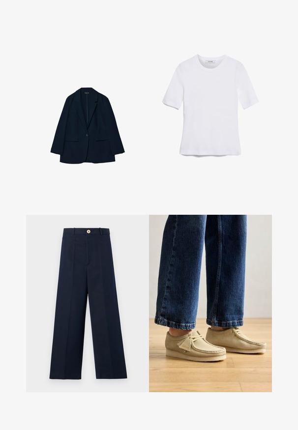 Marineblå blazer lavet af glat stof, med en skræddersyet design, klapkrave, enkelt knaplukning og to forlommer.; Hvid kortærmet t-shirt lavet af ribbet stof. Rund halsudskæring, almindelig pasform og subtile syninger. Ingen mønstre eller grafik.; Marineblå vide bukser med lige snit, letvægtsstof, en gylden knap i taljen og skarpe frontfolder for struktur.; Beige ruskindssko med runde tåspidser og lav profil. Har snørebåndsdesign og syede detaljer. Båret med cropped blå jeans.