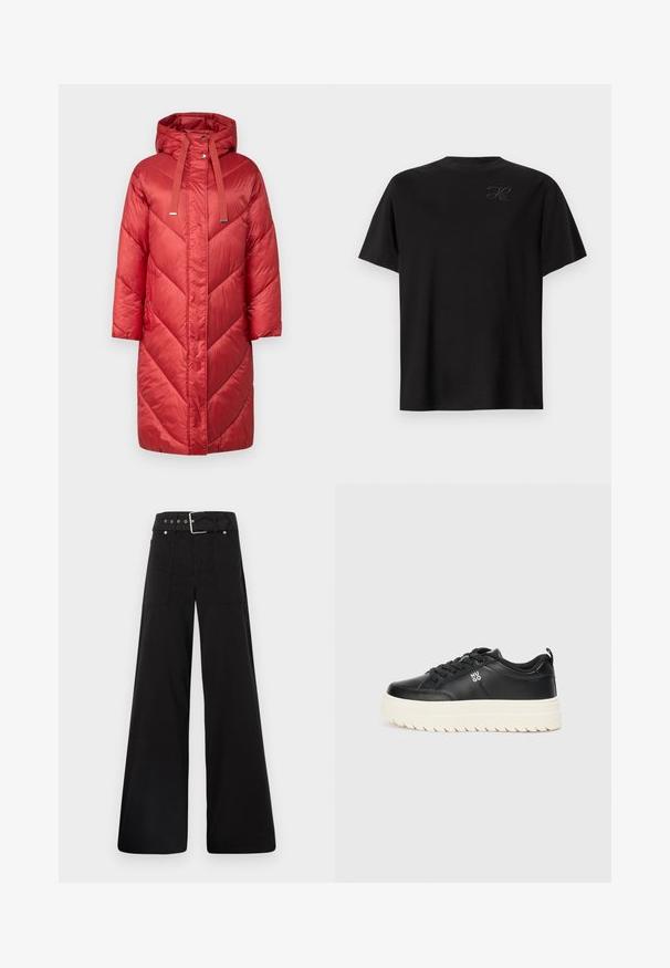 Sarkans pūkains mēteles ar kapuci, ar ševronu šuvēm, regulējamiem savilcējiem un sānu kabatām. Gluda tekstūra, ceļa garuma dizains.; Melna īsroku T-krekls no mīkstas kokvilnas. Apaļa kakla izgriezuma ar smalku izšūtu logotipu kreisajā krūtīs. Gluda tekstūra, brīvs piegriezums.; Melna platā kāju bikses, izgatavotas no kokvilnas, ar augstu jostasvietu, lieliem sānu kabatām un jostu ar sudraba detaļām.; Melnas ādas sporta kurpes ar masīvu baltu zoli, apaļu purngalu un plakaniem šņorēšanas auklām; uz sāna ir "HUGO" logo, un zole ir ar tekstūru, lai nodrošinātu saķeri.