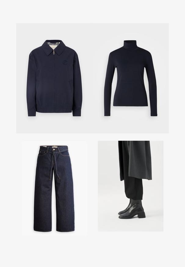 Námornícky modrá bomber bunda so zipsom, golierom, vyšitým logom na hrudi a elastickými manžetami. Obsahuje bočné vrecká a pruhované podšívku.; Námornícka roláková blúzka s dlhým rukávom. Vyrobená z mäkkého materiálu s hladkou textúrou. Má priliehavý strih a vysoký golier bez viditeľných švov.; Široké tmavomodré denimové džínsy s vysokým pásom, so šnúrkou na sťahovanie, piatimi vreckami a kontrastným prešívaním.; Čierne kožené členkové topánky so štvorcovou špičkou a robustným podpätkom, nosené s voľnými čiernymi nohavicami a tmavošedým kabátom. Hladký povrch.