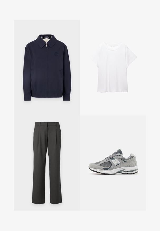 Marineblå bomberjakke med lynlås, krave, broderet logo på brystet og elastiske manchetter. Har sidelommer og et stribet for.; Hvid T-shirt lavet af blødt, let stof. Har en rund halsudskæring og korte, brede ærmer med en afslappet pasform. Ingen synlige mønstre.; Mørkegrå formelle bukser med lige ben, bæltestropper og frontfolder, præsenteret mod en hvid baggrund.; Grå sneaker med mesh og suede materialer, med et hvidt logo, polstret krave og tekstureret gummisål. Accenter i mørkere grå.