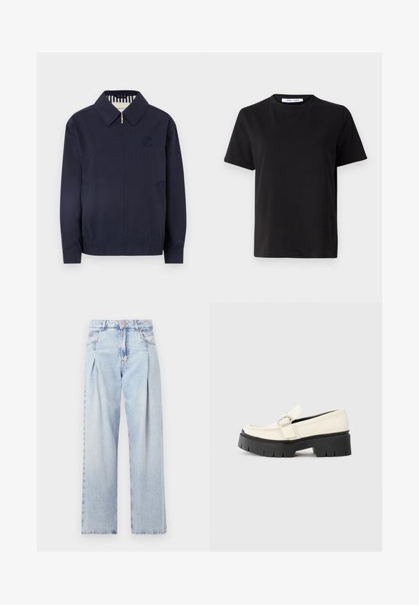 Marineblå bomberjakke med lynlås, krave, broderet logo på brystet og elastiske manchetter. Har sidelommer og et stribet for.; Sort t-shirt med korte ærmer fremstillet af blødt bomuld, med rund halsudskæring, afslappet pasform og en glat overflade. Ingen synlige mønstre eller grafik.; Lyseblå denim jeans med høj talje, bred benåbning, to sidelommer og plisseret design. Blød tekstur med et falmet finish.; Hvide læder loafers med en kraftig sort platformsål, der har en rektangulær sølvspænde og synlige syninger på overdelen.