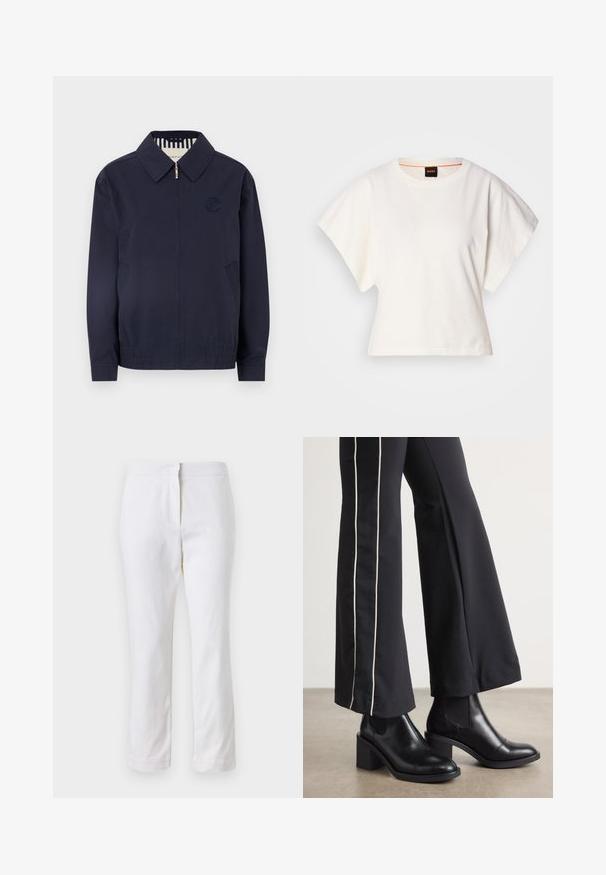 Chaqueta bomber azul marino con cremallera, cuello, logo bordado en el pecho y puños elásticos. Cuenta con bolsillos laterales y un forro a rayas.; Camiseta blanca recortada, con mangas cortas y anchas, material de algodón suave, cuello redondo con un sutil ribete naranja, diseño minimalista, sin patrones ni gráficos.; Pantalones de algodón blancos con un diseño de pierna recta, que cuentan con una cintura de media altura y sin herrajes o patrones visibles. Textura suave en todo su recorrido.; Botines de cuero negro con tacón cuadrado, con paneles laterales elásticos. Combinados con pantalones negros que tienen una franja blanca lateral.