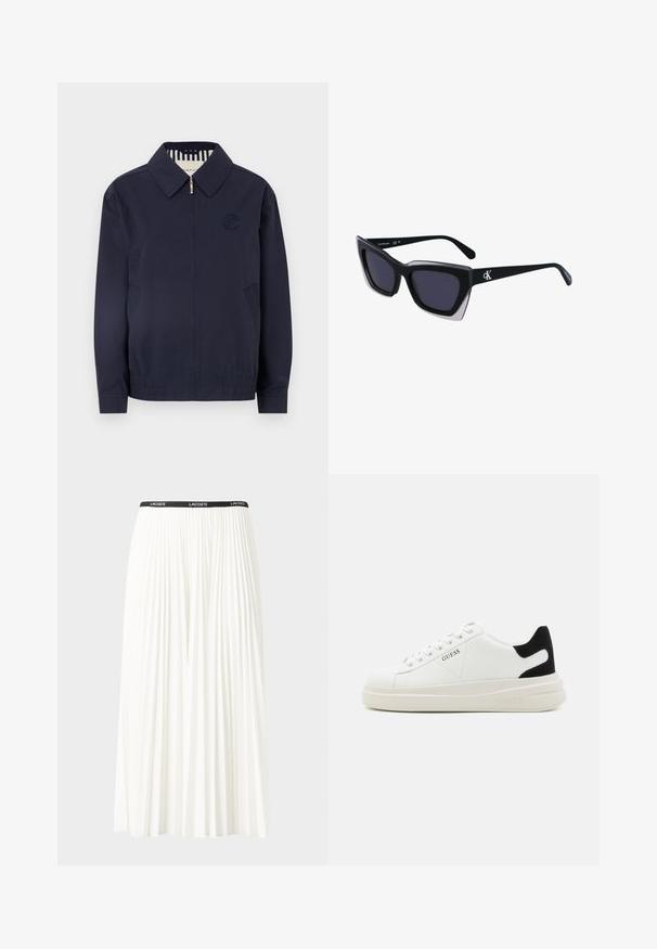 Marineblå bomberjakke med lynlås, krave, broderet logo på brystet og elastiske manchetter. Har sidelommer og et stribet for.; T-shirt i bomuld med vandrette marineblå striber på en hvid baggrund. "Tommy Hilfiger" broderet i kursiv på brystet. Rund hals.; Plisseret hvid nederdel med en sort elastisk talje, der har "LACOSTE"-logoet. Mellemlang design med blød tekstur.; Hvide lædersneakers med en tyk hvid sål, sort ruskindhælvægt og prægede logoer på siden. Snørebåndsdesign med seks øjer.; Store sorte oversized solbriller med geometrisk form, med mørke linser og en kontrasterende grå detalje på stellet. Logo på armen.