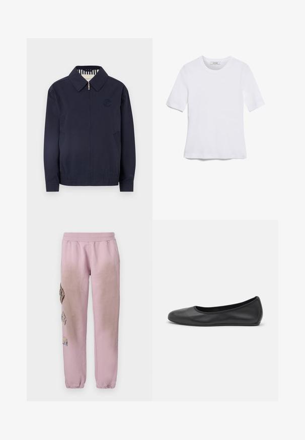 Marineblå bomberjakke med lynlås, krave, broderet logo på brystet og elastiske manchetter. Har sidelommer og et stribet for.; Hvid kortærmet t-shirt lavet af ribbet stof. Rund halsudskæring, almindelig pasform og subtile syninger. Ingen mønstre eller grafik.; Lyserøde sweatpants med elastisk talje, prydet med dekorative patches i diamantform på venstre side og elastiske manchetter ved anklerne.; Sort læderballetsko med rund tå, glat tekstur, minimal syning og et fleksibelt såldesign.