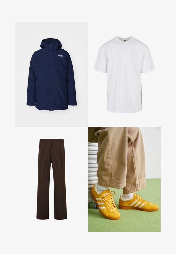 The North Face SARNEN GORE-TEX TRICLIMATE THREE IN ONE - Ūdensnecaurlaidīga jaka - eagle blue; Balta kokvilnas T-krekls ar apaļu izgriezumu un īsām piedurknēm. Dizains ir vienkāršs, bez rakstiem vai akcentiem.; Brūnas bikses ar taisna griezuma dizainu, ar pogu aizdares un krokām, izgatavotas no gludas auduma. Nav redzamu kabatu vai rakstu.; Dzelteni zamšas kedšus ar baltām svītrām, ar gumijas zoli, auduma saitēm un mīkstu apkaklīti, kopā ar beigu kokvilnas biksēm.