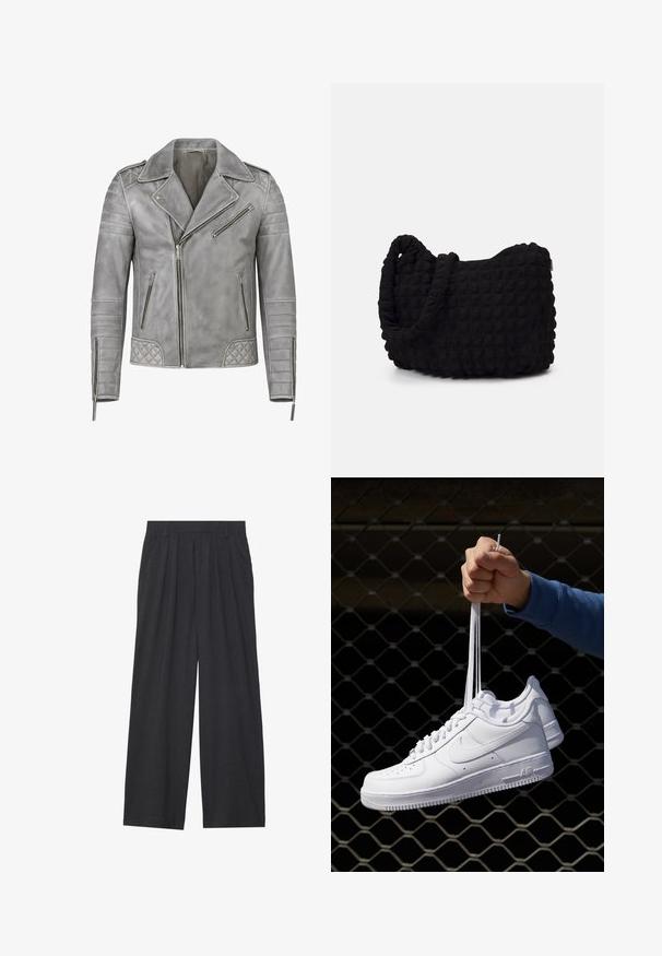 CYCAS D'OR JORDAN PERFECTO - Nahkatakki - moon grey; Kaksi lyhythihaista t-paitaa, yksi valkoinen ja yksi musta, joissa on korkea kaula-aukko ja ne on valmistettu pehmeästä puuvillamateriaalista.; Suorat lahkeet valmistettu tummanharmaasta kankaasta. Ominaisuuksiin kuuluu laskokset vyötäröllä, muotoilu on siisti ja siluetti suora.; Valkoiset nahkasneakersit, joissa on rei'ityksiä, pyöreä kärki, tasapohja ja paksut nauhat, joissa on näkyvä swoosh-logo ja "AIR" kantapäässä.; Musta kangaspussi, jossa on teksturoitu, tikkikuvio. Pyöreä muoto, lyhyet, paksut kahvat ja pehmeä, joustava rakenne.