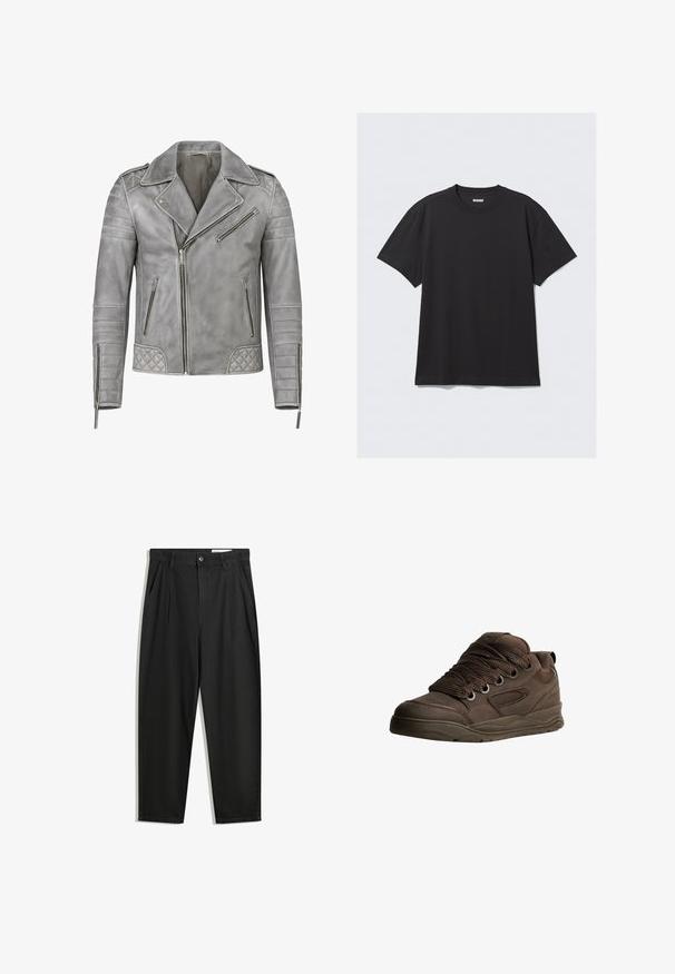 CYCAS D'OR JORDAN PERFECTO - Læderjakker - moon grey; Sort kortærmet t-shirt lavet af bomuld. Har en rund halsudskæring og en afslappet pasform. Enkel design uden synlige mønstre eller accenter.; Sorte bomuldsbukser med en afslappet pasform, der har en klassisk talje, frontfolder og sidelommer. Glat tekstur uden mønstre.; Brune sportsko lavet af glat syntetisk materiale. Har tykke snørebånd, mesh-detaljer, polstret krave og struktureret gummisål.