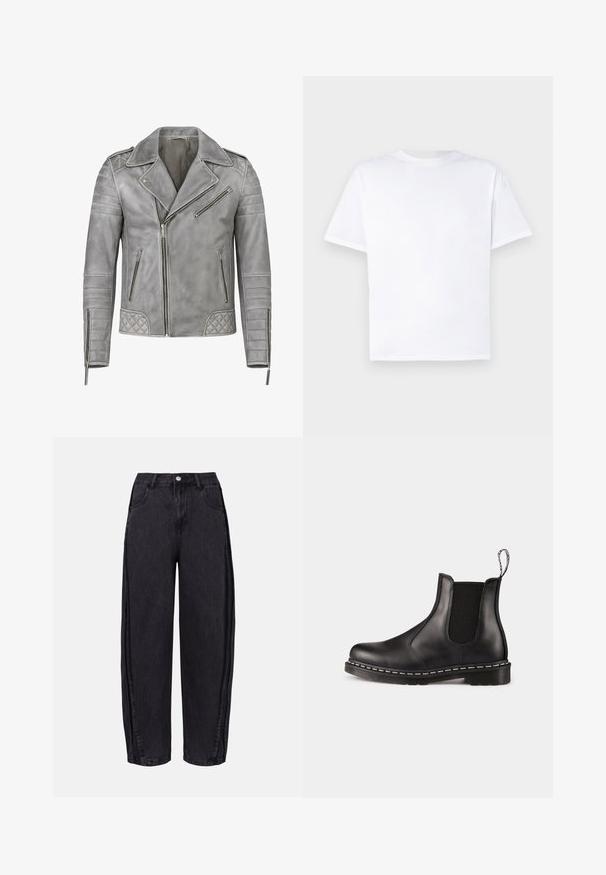 CYCAS D'OR JORDAN PERFECTO - Læderjakker - moon grey; Hvid bomulds T-shirt med rund halsudskæring og korte ærmer. Glat tekstur, lige snit, ingen mønstre eller detaljer. Kun bagperspektiv.; Sorte vidde jeans lavet af denim med en glat tekstur. Har højt liv, forlommer og knappelukning i taljen.; Sort læder Chelsea-støvle med elastiske sidepaneler, afrundet tå, pull-tab, hvid stikning på sålen og tekstureret gummisål.