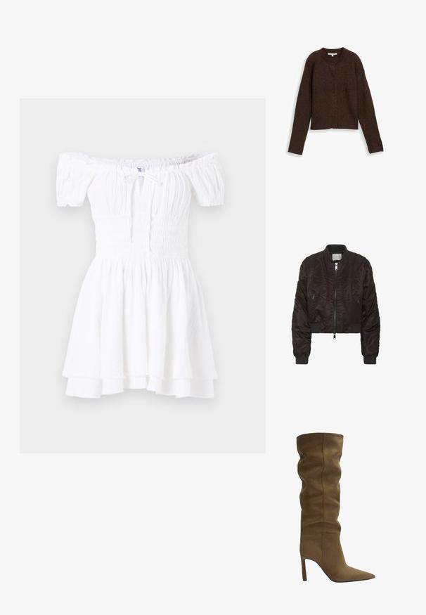 Temno rjav bomber jakna iz gladkega satena. Ima zadrgo spredaj, rebraste manšete in stranske žepe na zadrgo. Skrajšana zasnova s podloženim videzom.; Rjav rebrast kardigan z okroglim izrezom, dolgimi rokavi in petimi gumbi spredaj. Mehka tekstura in skrajšan dizajn.; Bela obleka brez naramnic z smučanim bodicem, kratkimi oblekami z puff rukavi in večplastnim naboranim robom. Narejena iz lahkotnega, teksturiranega blaga.; Olive zelena semiš čizme do kolena s špicastim vrhom, slobodnim gornjim dizajnom i štiklom, s vidljivim detaljima šivanja.; Rjava semiš torba za prostočasne dejavnosti s strukturirano zasnovo, gladkimi usnjenimi detajli, podolgimi ročaji in subtilnim kontrastnim šivanjem.