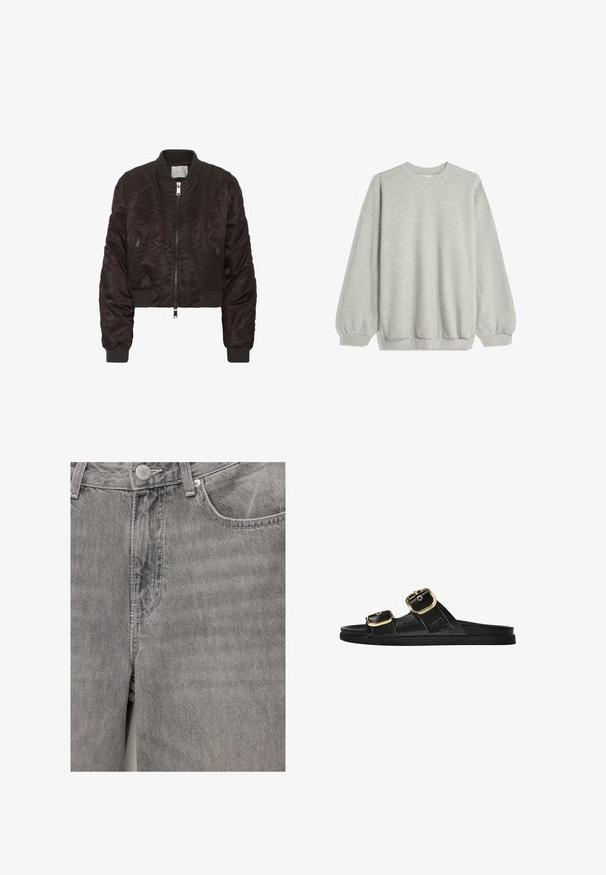 Jachetă bomber de culoare maro închis, confecționată dintr-un material satinat neted. Dispune de un fermoar frontal, manșete ribbate și buzunare laterale cu fermoar. Design scurt cu textură căptușită.; Hanorac gri dintr-un material moale, având guler rotund, mâneci lungi cu manșete elastice și o croială lejeră. Fără modele sau accente.; Jeans din denim gri, cu o textură netedă, având închidere frontală cu nasture și fermoar, buzunare laterale și detalii subtile de cusătură.; Sandalie negre cu toc plat, cu două accente de cataramă aurie, din material texturat neted și design minimalist.