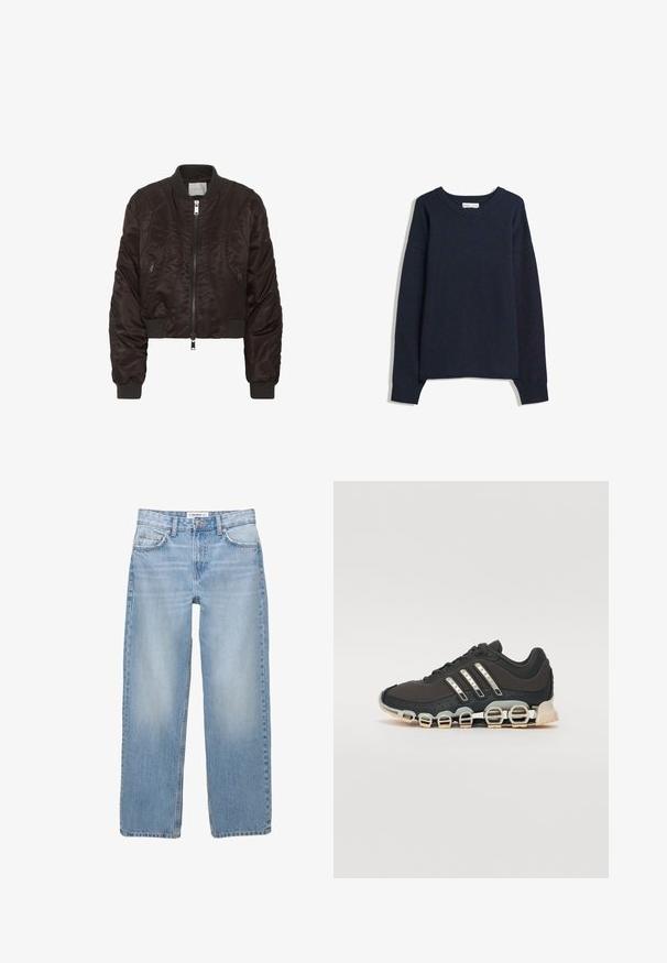 Temno rjav bomber jakna iz gladkega satena. Ima zadrgo spredaj, rebraste manšete in stranske žepe na zadrgo. Skrajšana zasnova s podloženim videzom.; Navy modra pulover s V-izrezom, dolgimi rokavi, rebrastimi manšetami in spodnjim robom. Narejen iz mehke pletene tkanine, s sproščenim krojem in minimalnim dizajnom.; Svjetloplave traperice s ravnim nogavicama, stilom s pet džepova i vidljivim detaljima šivanja. Tkanina ima mekanu, malo izbljedjenu teksturu.; Črne športne čevlje z teksturiranim zgornjim delom, tremi srebrnimi črtami in značilno blažilno podplatom, ki vključuje več integriranih delov.