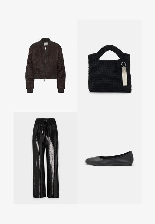 Dark brown bomber jacket made of smooth satin fabric. Features a zip front, ribbed cuffs, and side zip pockets. Cropped design with padded texture.; Cream textured crop jacket with a diagonal neckline, puffed sleeve, and woven leaf pattern, featuring a ribbed hem.; Black sequined pants with a wide-leg cut and elastic waistband featuring a drawstring. The fabric has a reflective, shiny texture.; Black leather ballet flat with a rounded toe, smooth texture, minimal stitching detail, and a flexible sole design.; Won Hundred MARSIELLE COMPUTER BAG UNISEX - Laptop bag - black