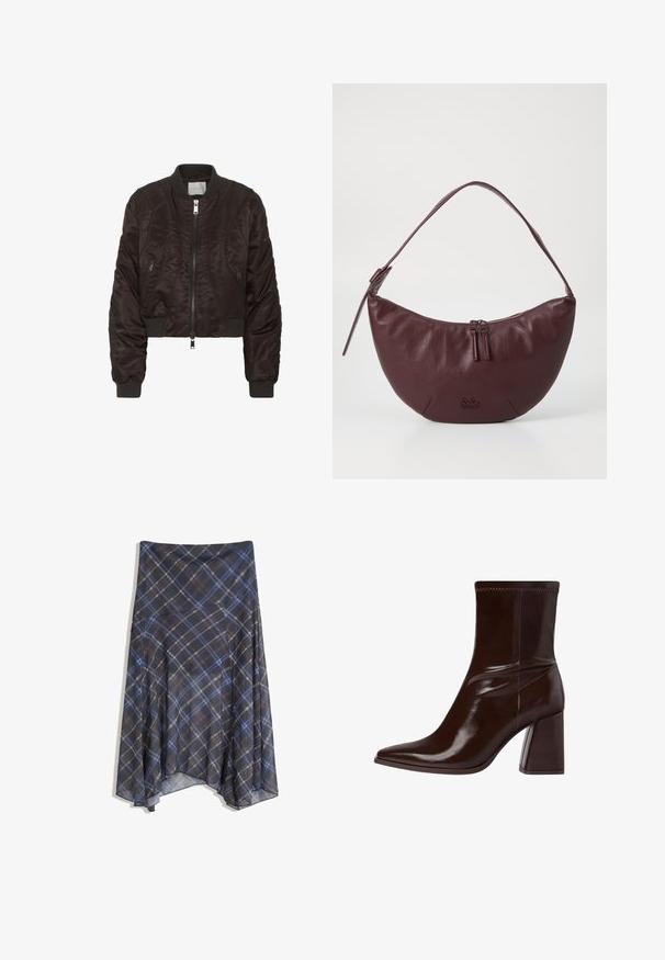 Donkerbruine bomberjack van glad satijn. Voorzien van een ritssluiting aan de voorkant, geribde manchetten en zijritszakken. Cropped ontwerp met een gewatteerde textuur.; Zwart langslijfshemd met een brede halslijn, gemaakt van zachte stof, met een aansluitend ontwerp en minimale stikdetails.; Zwarte geruite rok met blauwe en bruine lijnen, vloeiende stijl, middellang, gemaakt van lichte stof met een gladde textuur.; Bruine verlichte leren enkellaars met een spitse neus, elastische enkel en een stevige blokhak. Strak ontwerp met een gladde textuur.; Bordeaux lederen handtas met een gebogen ontwerp, voorzien van een ritssluiting, twee ritslussen en een korte schouderband. De details omvatten een geperst logo.
