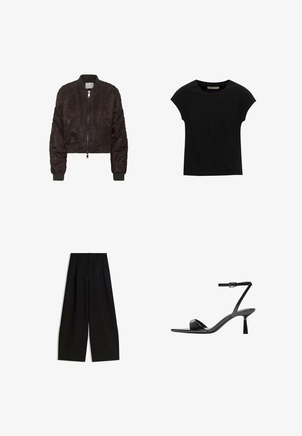 Czarna bomberka w kolorze ciemnego brązu, wykonana z gładkiego satynowego materiału. Posiada zamek z przodu, ściągacze przy mankietach oraz boczne kieszenie na zamek. Krótkie wykończenie z pikowanym teksturą.; Czarna koszulka z krótkim rękawem, wykonana z miękkiego materiału, z okrągłym dekoltem i luźnym krojem, o gładkiej fakturze i bez wzorów.; Czarne spodnie szerokie z gładkiego materiału, z wysokim stanem, plisami z przodu i bez widocznych ozdób czy wzorów.; Bershka - Sandały na obcasie