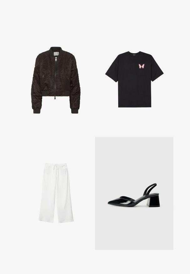 Tmavohnedá bomber bunda vyrobená z hladkého saténového materiálu. Má zips vpredu, ribbované manžety a bočné zipsové vrecká. Krátky strih s vypolstrovanou textúrou.; Čierne bavlnené tričko s krátkymi rukávmi, s malým ružovým motýlikom na ľavej hrudi. Design s okrúhlym výstrihom a uvoľneným strihom.; Biele široké nohavice vyrobené z mäkkej látky, s pásekom na sťahovanie a dvoma prednými vreckami. Hladká textúra a bez viditeľných vzorov.; Čierne lakované kožené sandálové podpätky s špicatou špičkou a geometrickým blokovým podpätkom. Disponujú elegantným, minimalistickým dizajnom a hladkým povrchom.
