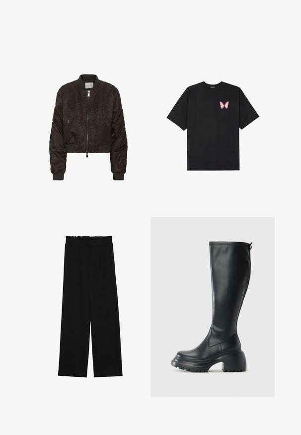 Mørkebrun bomberjakke lavet af glat satinmateriale. Har lynlås foran, ribbede manchetter og sidelommer med lynlås. Kort design med polstret tekstur.; Sort bomulds T-shirt med korte ærmer, prydet med en lille pink sommerfugl grafik på venstre bryst. Rund hals design med en afslappet pasform.; Sorte brede bukser med en rynket talje, der har to sidelommer og et glat, let stof. Ingen synlige mønstre eller hardware.; Høj sort læderstøvle med kraftig platformssål og blokhæl, med trækstrop og tekstureret sål.