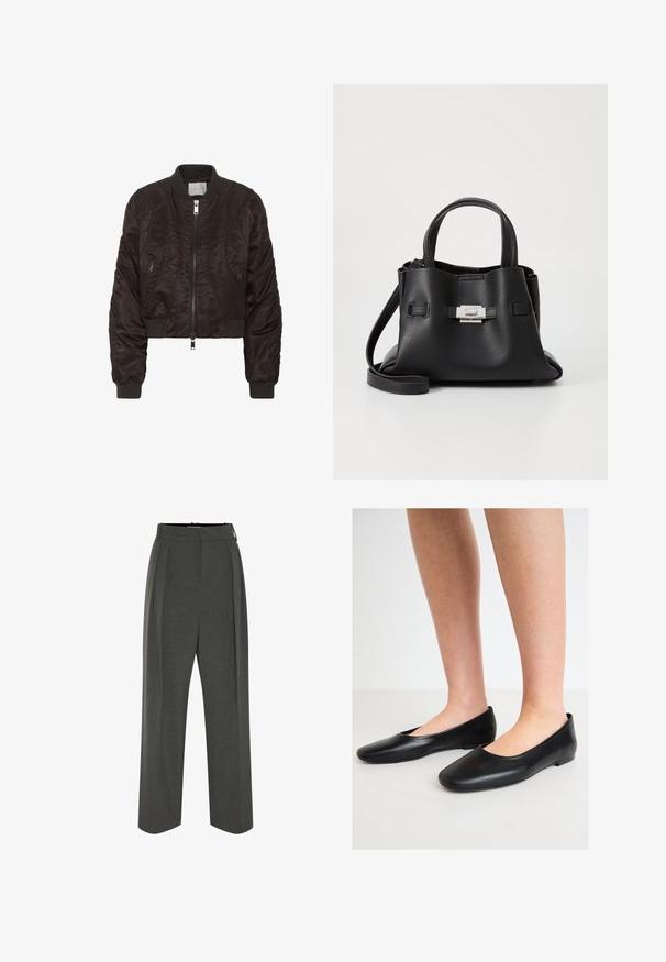 Mørkebrun bomberjakke lavet af glat satinmateriale. Har lynlås foran, ribbede manchetter og sidelommer med lynlås. Kort design med polstret tekstur.; Sort langærmet skjorte lavet af ribbet stof. Den har en rund halsudskæring og et tætsiddende design uden synlige mønstre eller accenter.; Grå viddebukser i tekstureret stof med højtaljet pasform og forreste læg. Designet har en glat linning uden synlige lukninger.; Sorte ballerinaer lavet af glat læder med en rund tå og en lav, flad sål, der har et nemt slip-on design uden synlige beslag.; Sort læderhåndtaske med en tekstureret overflade, der har to bærehåndtag, en aftagelig skulderrem og en detalje med sølvspænde.