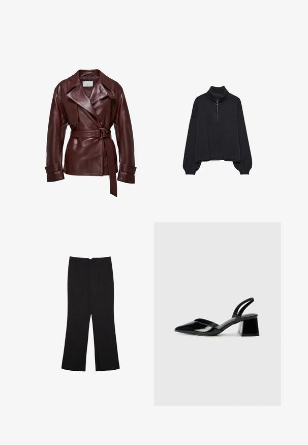Burgundin nahkjakku, jossa on vyötarre, leveät kaulukset ja nappihihnat; sileä pinta ja kiiltävä viimeistely.; Musta poolkaulusneule, jossa on puoli-vetoketju edessä, ylikokoiset hihat ja pehmeä rakenne. Varustettu ribbauskauluksella ja helman ribbausreunalla. Minimalistinen muotoilu.; Mustat housut suoralinjaisella leikkauksella, joissa on etutaskut ja sivurei'ät helman alla. Valmistettu pehmeästä ja sileästä kankaasta. Sopii eri tilaisuuksiin.; Mustat patentoitu nahkakengät, joissa on säären takaosa ja terävä kärki, sekä geometrinen palikkakorko. Sisältää tyylikkään, minimalistisen muotoilun ja sileän pinnan.