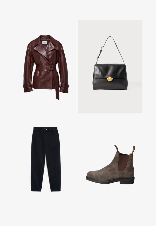 Bordeaux leren jack met een riem in de taille, brede revers en knoopmanchetten; gladde textuur met een glanzende afwerking.; Licht beige sweatshirt met een ronde hals, lange mouwen en een cropped design; met de teksten "POLO CLUB" en "GESTICHT 2012" in marineblauw en rood.; Overhemd met lange mouwen, gemaakt van lichtgewicht stof, met verticale marineblauwe en crèmekleurige strepen, een gebogen boord en een borstzak.; Zwarte denim jeans met een rechte pijp, vijf zakken en een knoopsluiting. De stof heeft een gladde textuur en minimale zichtbare stiksels.; Bruine leren enkelboot met elastische zijpanelen, gestructureerde afwerking, ronde neus en zwarte rubberen zool. Trekflappen aan de schacht voor eenvoudig aan- en uittrekken.; Zwarte leren handtas met een gestructureerde vorm, vlakke bovenkant en een gouden cirkelvormige sluiting. Voorzien van een enkele schouderband voor het dragen.