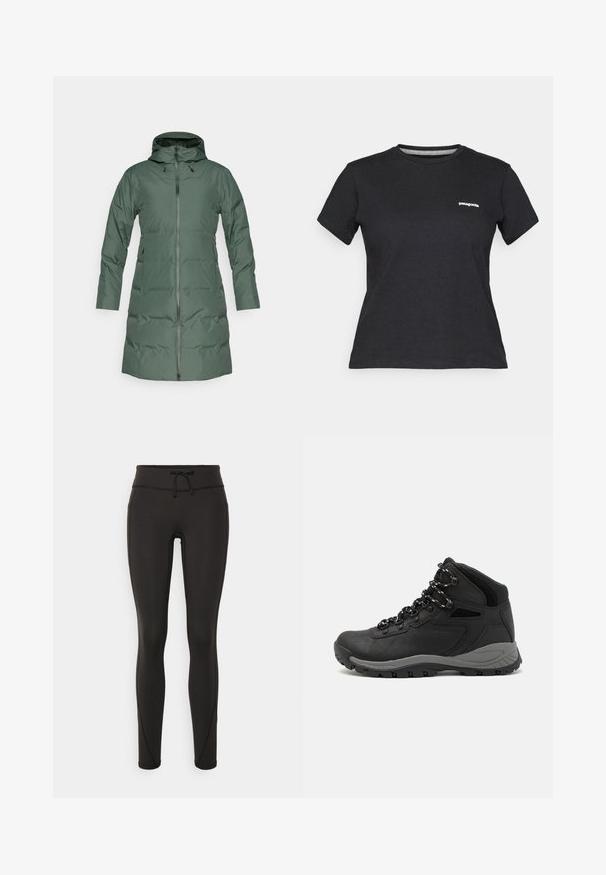 Casaco verde acolchoado com capuz, fecho de correr em todo o comprimento, mangas longas e bolsos laterais. Textura suave com um acabamento mate.; T-shirt de algodão preto com decote redondo e mangas curtas. Apresenta um logo branco "Patagonia" na área do peito esquerdo.; Leggings pretos com uma cintura alta, cordão, textura suave e design ajustado. Apresentam detalhes de costura ao longo das laterais.; Bota de caminhada preta com design de cano médio, apresentando um upper texturizado, detalhes cinzentos e sola de borracha durável com cravos de tração.