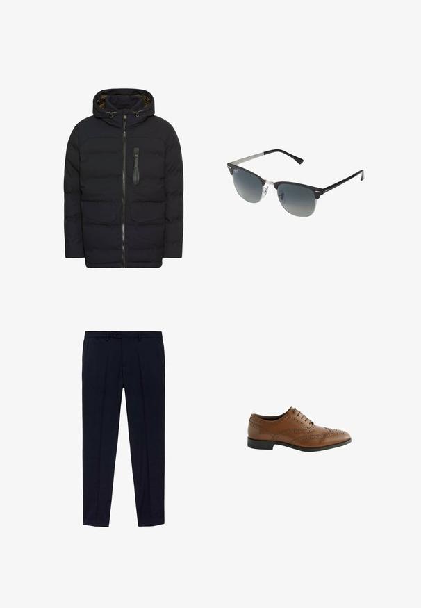 Granatowa, ocieplana kurtka z kapturem, z zapięciem na zamek, dwiema przednimi kieszeniami i kieszenią na piersi zamykaną na zamek. Charakteryzuje się gładką fakturą i nowoczesnym designem.; Zestaw trzech t-shirtów: jeden czarny i dwa białe. Każdy ma okrągły dekolt, krótkie rękawy i jest wykonany z gładkiej bawełny.; Granatowe spodnie z gładkim przodem, wykonane z gładkiego materiału. Zawierają dwa boczne kieszenie oraz zamek błyskawiczny z zapięciem na guzik.; Brązowe skórzane buty formalne z misternym detalem broguing, okrągłym noskiem i płaskim obcasem. Posiadają pięć otworów na sznurówki i gładką teksturę.; Czarno-srebrne okulary przeciwsłoneczne w kształcie kociego oka, z gradientowymi soczewkami i metalowymi akcentami na oprawie. Plastikowe ramiona z szarymi końcówkami.