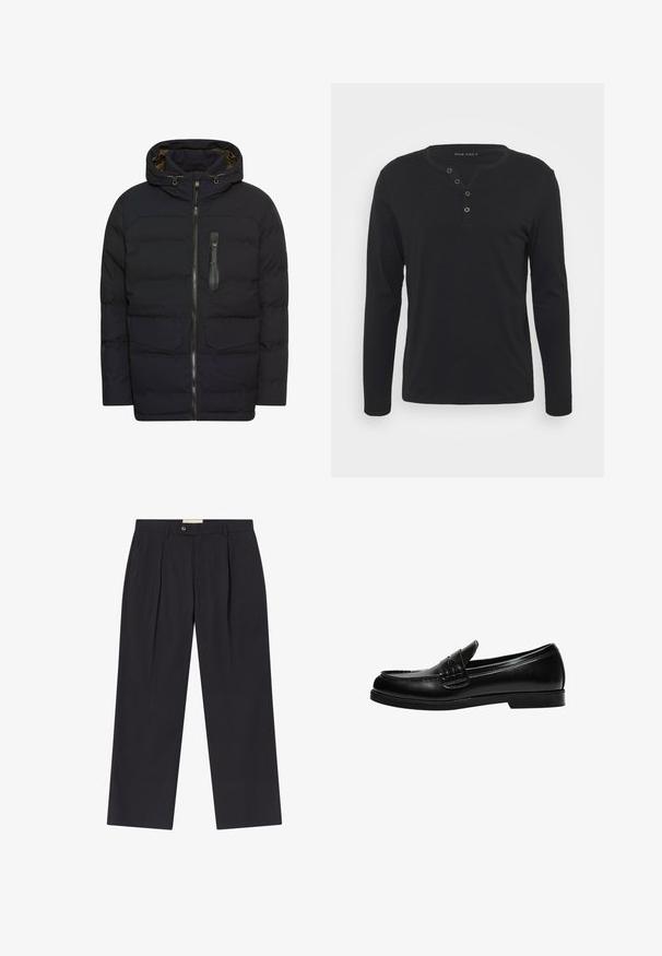 Marineblå polstret jakke med hætte, lynlåslukning, to forlommer og en lynlåslomme på brystet. Har en glat tekstur og et moderne design.; Sort langærmet henley skjorte lavet af blødt stof, med en knaplukning, rund halsudskæring og tætsiddende ærmer.; Skræddersyede mørkeblå bukser med høj talje, to fork gasper, knaplukning og lige ben i glat stof.; Sorte læder loafers med en glat overflade, der har en syning detalje på vampen og en lav, solid sort gummisål.