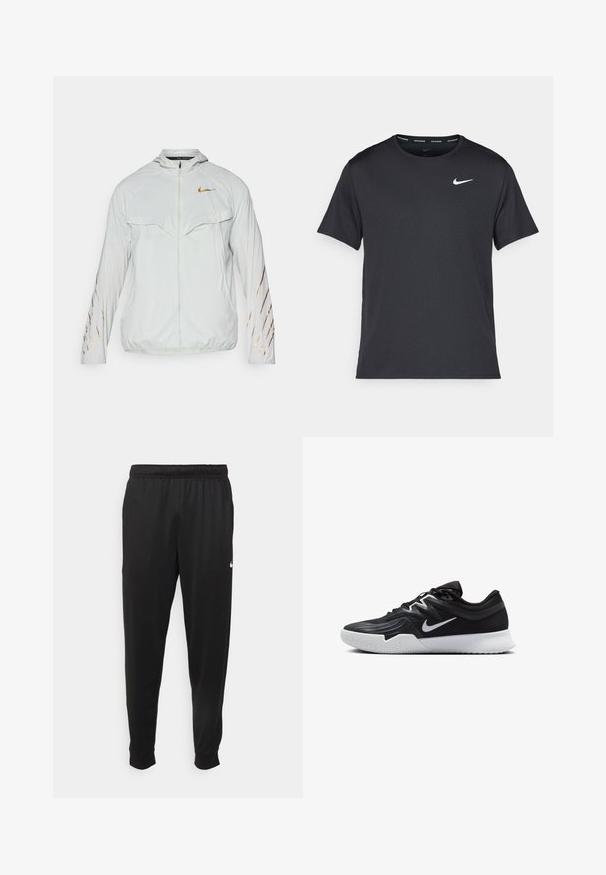 Casaco leve branco com capuz, apresentando o logótipo da Nike em dourado e riscas diagonais douradas nas mangas. Tecido texturizado, fecho frontal com zip.; T-shirt de corrida Nike preto, feito de material leve e respirável, com mangas curtas e um pequeno logo branco no peito.; Calças de desporto pretas feitas de tecido suave, com uma cintura elástica, pernas ajustadas e um pequeno logo branco no lado esquerdo.; Sapatilha atlética preta com um cabedal texturizado, swoosh branco da Nike e uma sola de borracha branca. Apresenta um design com atacadores e uma forma dinâmica.