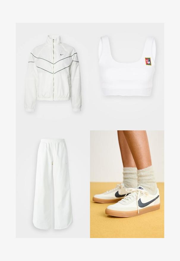 Nike Sportswear Sportinė striukė - sail/vintage green; Nike Sportswear YOON - Viršus - white; Balti sportiniai keliai su platėjančiomis kojomis, su įtemptu juosmeniu ir subtilia logotipo detale. Lygus audinys, laisvas kirpimas ir siaurėjantis apatinis kraštas.; Baltos Nike sportbačiai su tamsiai mėlynu swoosh, tekstūruota medžiaga, balti raišteliai ir guminiu padu, dėvimi su pūkuotomis šviesiai žaliomis kojinėmis. Geltonas fonas.