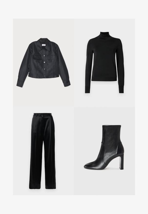 Giacca nera in satin con colletto, chiusura frontale con bottoni, due tasche sul petto e maniche lunghe con polsini a bottone.; Pullover nero a maniche lunghe con collo alto, rifinito con polsini e orlo a coste, mostrato su uno sfondo bianco semplice.; Pantaloni in satin neri a vita alta con gambe larghe dritte, passanti per cintura e chiusura frontale piatta su uno sfondo bianco semplice.; Stivale alla caviglia in pelle nera con un design elegante, punta affusolata e tacco alto a blocco. Presenta una texture liscia e dettagli di cucitura minimalisti.