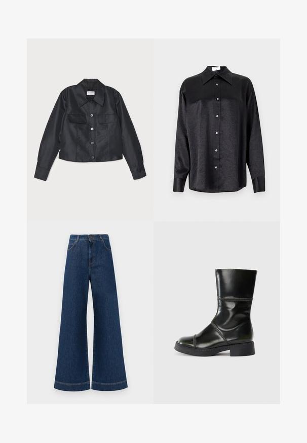 Musta satiinitakki, jossa on kauluskäänne, etupainonappi kiinnitys, kaksi rintataskua ja pitkät hihansuut napilla.; Musta pitkähiha vaarallista paitaa, jossa on kauluspanta, ryppytynyt pinta, täysi napitus edessä ja hihansuut. Valmistettu sileästä kankaan.; Siniset farkut leveällä lahkeella ja korkealla vyötäröllä, jossa on nappikiinnitys, vyölenkit sekä huomaamattomat tikkaus yksityiskohdat taskuissa ja lahkeissa.; Musta nahkainen nilkkuri, jossa on pyöristetty kärki, sileä pinta, erottuva tikkaus ja lohkoalusta, jonka siluetti on hieman kapeneva.