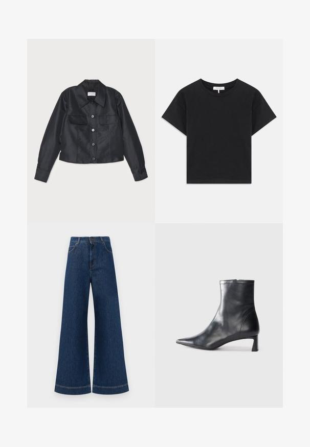 Čierna saténová bunda s golierom, predným zapínaním na gombíky, dvoma náprsními vreckami a dlhými rukávmi so zapínaním na gombíky.; Čierny skrátený tričko vyrobené z bavlny, s okrúhlym výstrihom, krátkymi rukávmi a jednoduchým dizajnom bez vzorov alebo ozdôb.; Modré denimové nohavice so širokými nohavicami a vysokým pásom, ktoré majú gombíkový zapínanie, pútka na opasok a jemné švy pozdĺž vreciek a lemov.; Čierne kožené členkové topánky s špicatou špičkou a elegantným dizajnom. Majú nízky podpätok a zips na zadnej strane. Hladká textúra.
